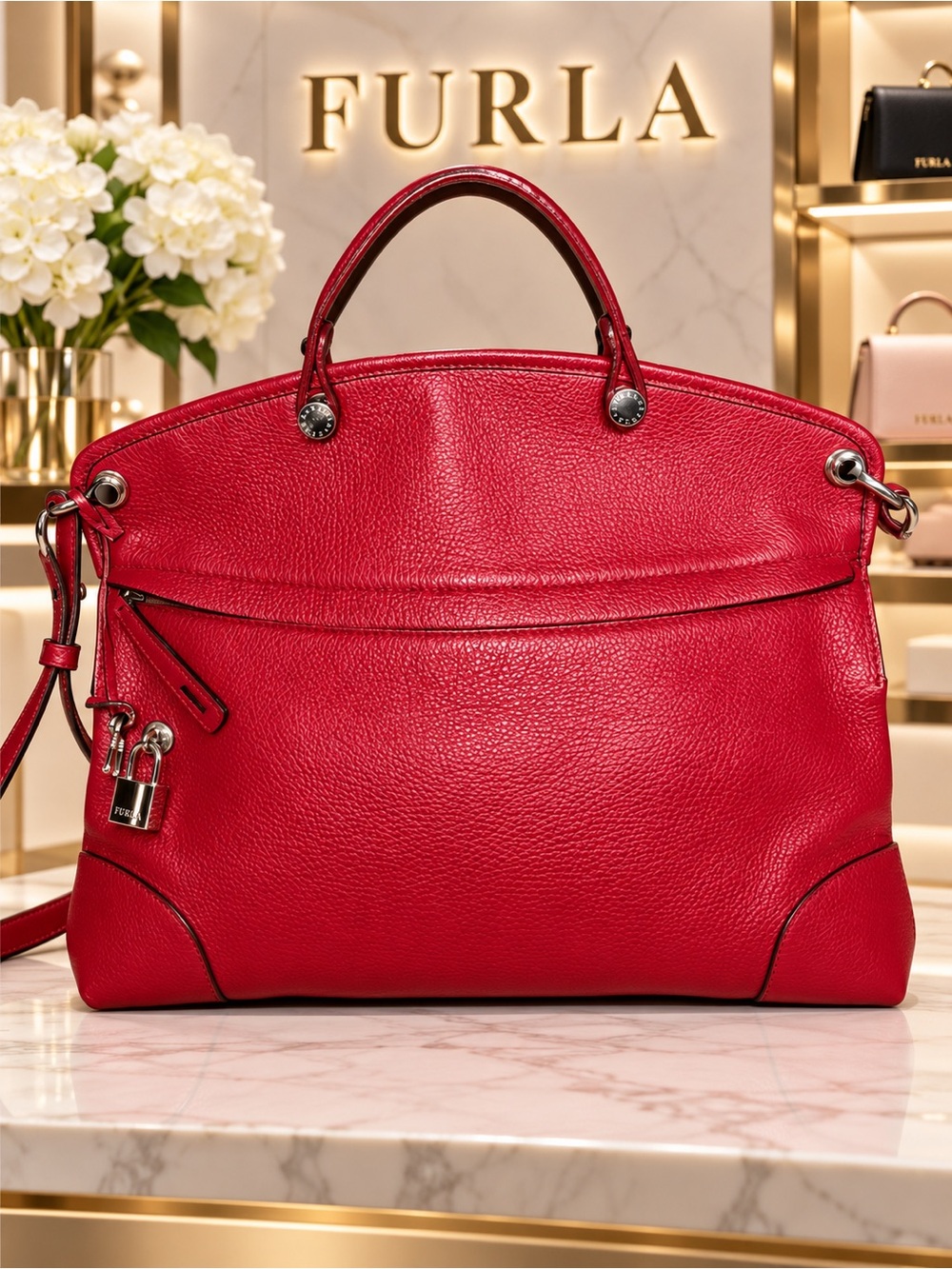 Furla Red Pebbled Leather Shoulder Bag with Top Handles